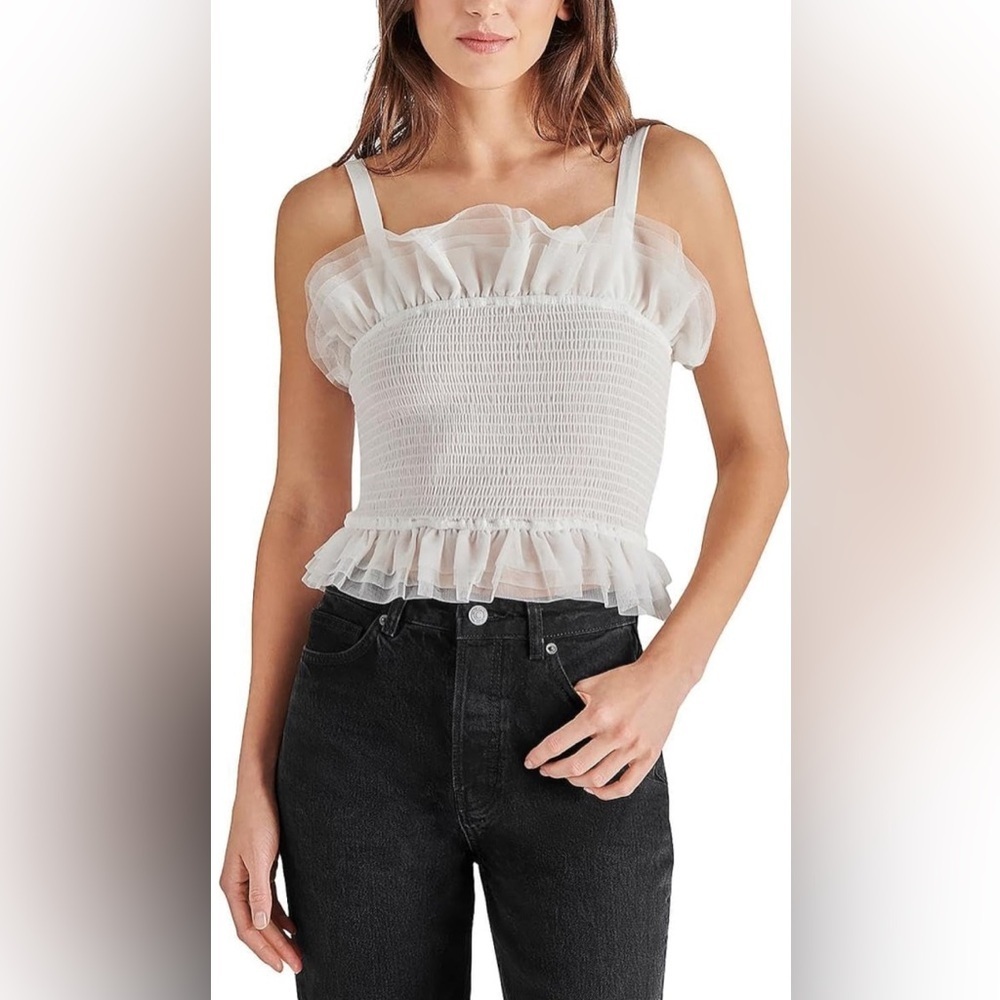 Steve Madden Ivory Ruffled Neckline Top Size M - Picture 2 of 6